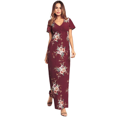 

2018 Fahion Floral Printed Women V-Neck Split Short Sleeve Floor- Long Dress Chiffon Beach Summer Sexy Vestidos