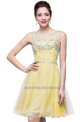 

2018 A-line Sleeveless Crew Short Tulle Prom Dresses with Crystal Beads