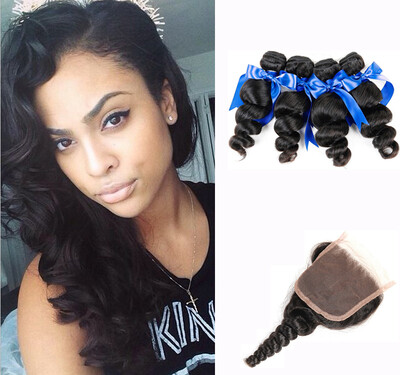 

WYF Brazilian Virgin Hair with Closure Loose Wave 4 Bundles Unprocessed Human Hair