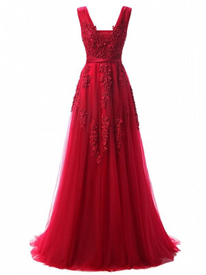 

Womens Double V-neck Tulle Wedding Dress Appliques Long Evening Cocktail Gowns