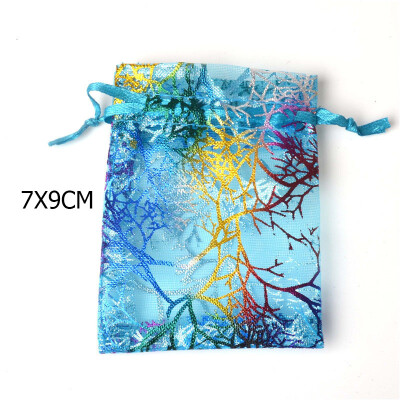 

FANLUS 100Pcs Drawstring Organza Bags Jewelry Favor Pouches with Coralline Print for GiftWeddingPartyFestival Blue