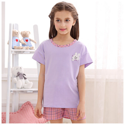 

Jingdong supermarket red beans home pajamas girls soft cotton lattice cartoon short sleeve family parent-child couple home service suit purple 13060