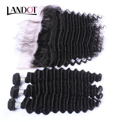 

8A Brazilian Deep Wave Curly Virgin Hair With Ear To Ear 13x4 Lace Frontal Closure 3 Bundles Human Hair Weaves Closures 4 Pcs Lot