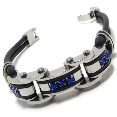 

Hpolw Blue&Black&Silver Stainless Steel Cubic Zirconia Rubber Bicycle chain sapphire Bolt buttoned Bracelet