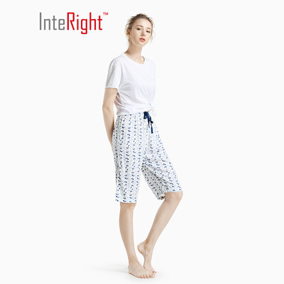

INTERIGHT home pants female ladies printing breathable light pants blue bottom bird flower