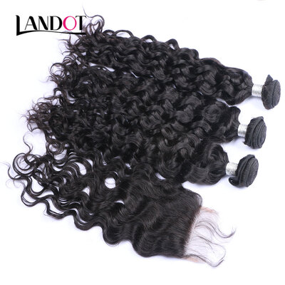 

8A Peruvian Virgin Hair Natural Water Wave With Closure 4 PcsLot Wet And Wavy Curly Human Hair Weaves 3 Bundles And Lace Closures