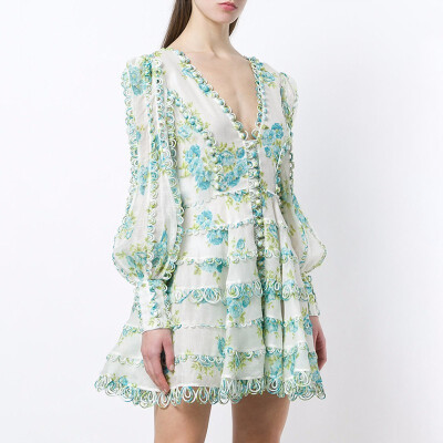 

Printed A-Line Dresses Women Long Sleeve V Neck Sexy Mini Dress Female Fashion Elegant Clothes 2018 Summer Autumn