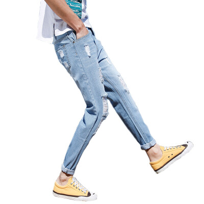 

Damaizhang Brand Men Fashion Casual Hole Long Jeans Light Blue Plus Size Zipper Denim Cropped Jeans