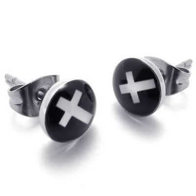 

Hpolw 2pcs Two-Tone Trendy Stainless Steel Unisex Cross Stud Earrings, 1 Pair, Silver Black