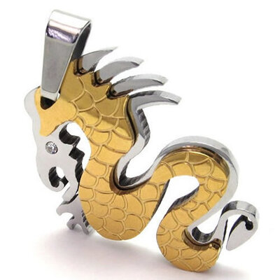 

Hpolw New Fashion Silver&Golden Chinese dragon Pendant Stainless Steel Tribal Biker Mens Crystal Necklace,18-26 inch Chain