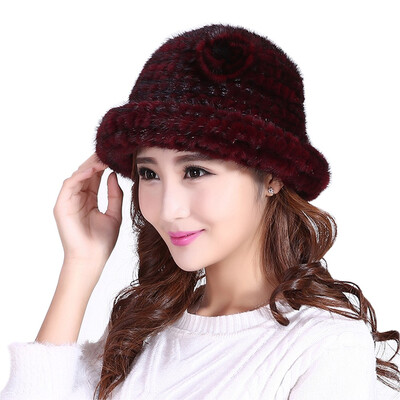 

MSMINSHU Hand Knitted Women Hat Mink Fur Hat Ladys Cap Winter Warm Hat Mink Fur Cap