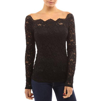 

CT&HF Women Sexy Fashion Lace Blouse Simple Pure Color Off-The-Shoulder T-Shirt Korean Women Silm Perspective Long Sleeve Blouse