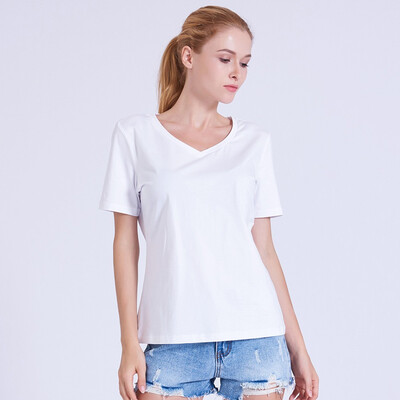 

PREISEI Women Clothing Pima Cotton Slim Loose Casual V-neck Short Sleeve Summer White T Shirt Tops