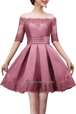 

A-line Off-shoulder Half Sleeves Short Lace Appliques Prom Dresses
