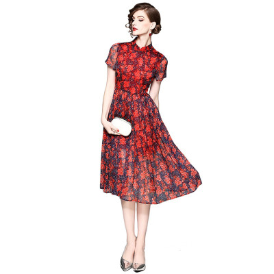 

Vintage Dress 2018 New Summer Chinese Style A-Line Print Floral Short Sleeve Knee-Length Dress