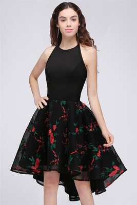 

A Line Jewel Black Hi-Lo Cocktail Party Dresses With Print