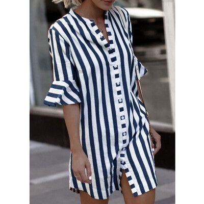 

New Fashion Womens Striped Dress Casual Flare Half-sleeved Loose Dresses Women Button Shirt Dress Vestidos