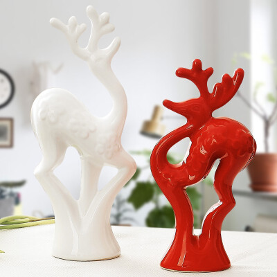 

2pcs Modern home couple red&white deer decoration figurines ceramic crafts home decorations accessories wedding gifts