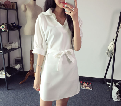 

Lovaru ™ Early autumn of 2015 the new European and American fashion temperament looser v-neck bat sleeve belt pure color dress f