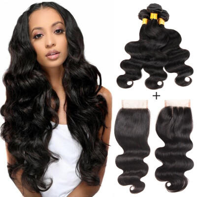 

Candace Body Wave Human Hair Bundles With Closure Brazilian Hair Weave 3 Bundles With 4"x4" FreeMiddleThree Part Lace Closure