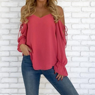 

Spring&Summer Women Sexy Deep V-Neck Shirt Casual Long Sleeve Top Ladies Fashion Loose T-Shirts Off Shoulder Chiffon