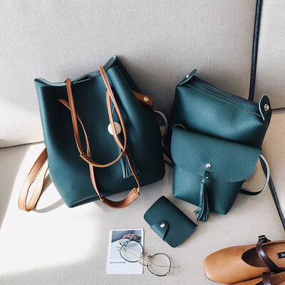 

New Type Bucket Four Piece Suit Bag Pu Solid Color Bag Ladies Handbag 8 Colors