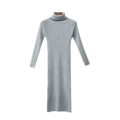 

Canvaus Autumn Women Medium Long Section High Collar Solid Slim Bottoming Dress Knitted One-piece Dress