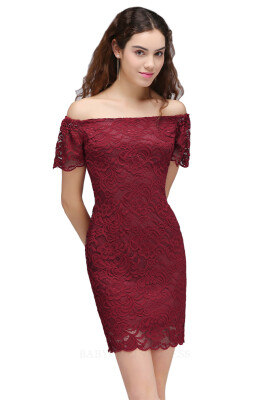 

2017 Burgundy Lace Off the Shoulder Bodycon Cocktail Dresses Sexy Short Prom Dresses Party Dress Gowns