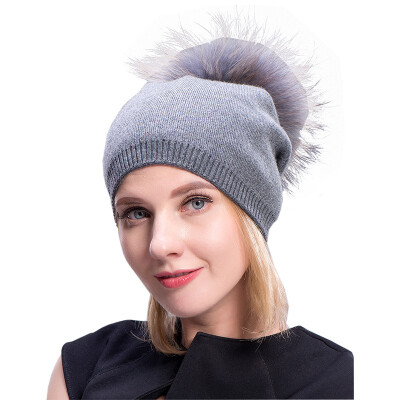 

MsMinShu Cashmere Hats For Women Pompom Beanies Fur Hat Female Warm Caps With Real Raccoon Fur Pompom Bobble Hat Adult