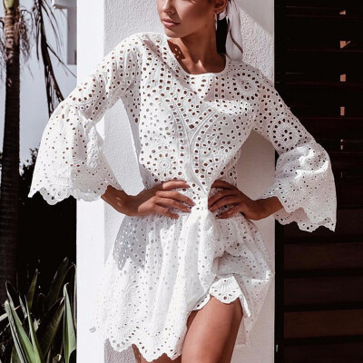 

Sexy Mini Lace Dresses Women Flare Sleeve Hollow out Beach Summer Dress Female Casual Clothes 2018 New Plus Sizes