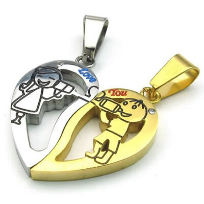 

Hpolw 2pcs Mens&Womens Stainless Steel Casting Gold&Silver Heart Pattern Pendant "Love" Couples Crystal Necklace Set