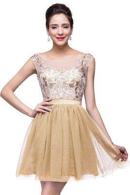 

A-Line Sleeveless Bateau Short Tulle Appliques Prom Dresses