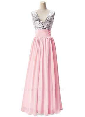 

2018 V Neck Sequined Chiffon Long Prom Dresses Sleeveless Formal Party Evening Bridesmaid Dresses