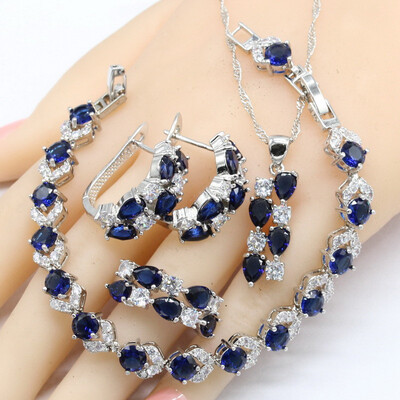 

Women Silver Color Jewelry Sets Dark Blue White Sapphire Necklace Pendant Bracelets Earrings Rings