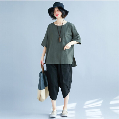 

2018 Summer New Linen Casual Short-Sleeved Female T-shirt Loose Round Neck Collar Solid Color Cotton&Linen Top Shirt