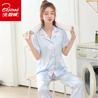 

Arctic velvet pajamas womens four seasons spinning silk short-sleeved cardigan printing home service four seasons youth Korean temperament ladies home service suit cute bunny