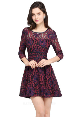 

MisShow Elegant Sexy Sheer Burgundy Lace Short Women Dress 2017 Cheap Three Quarter Sleeve Dress Party Vestido de Festa Curto