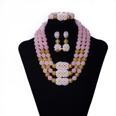 

3 Rows Peach Red Statement Bridal Necklace African Beads Jewelry Set Indian Wedding Costume Jewellery For Women Free Shipping