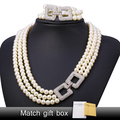

U7 Wedding Pearl Jewelry Set For Women Trendy Platinum Plated Party Rhinestone White Pearl Multi Layers Necklace Sets