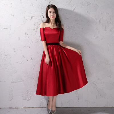 

Cocktail dress long paragraph shoulder satin party dress simple fashion sleeve