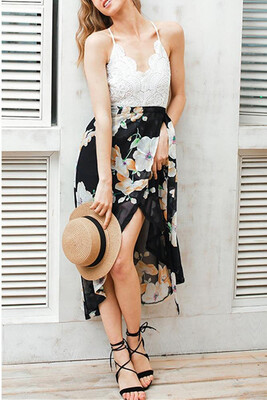 

Crochet Lace Floral Chiffon Spaghetti Strap Cross Over Sleeveless Backless One-Piece Dress Homecoming Dress 2018 Hot