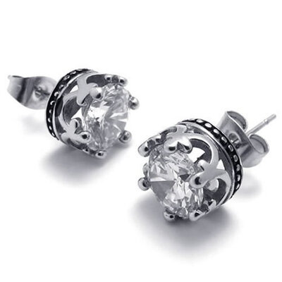 

Hpolw Vintage Stainless Steel CZ Mens Royal Crown Stud Earrings Set 2pcs Color Silver