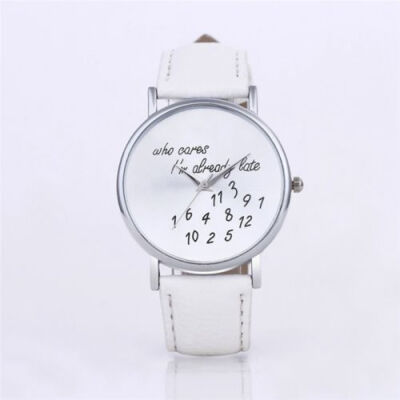 

"Who Cares" Faux Leather Band Quartz Date Round Dial Analog Wrist Watch White