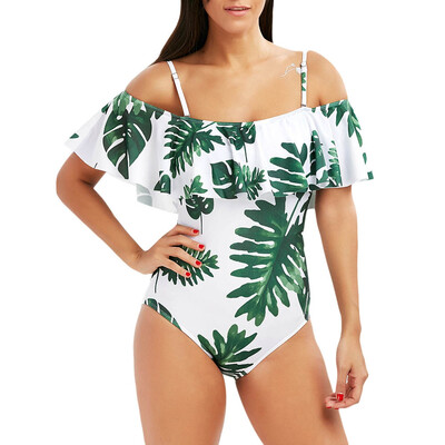 

Tropical Off Shoulder Flounce Print Swimsuit