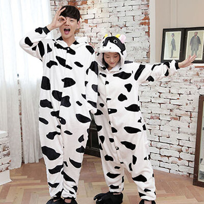 

Women Man Flannel Cartoon Lingerie Animal Siamese Pajamas Couples Home Clothes -Cows