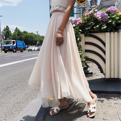 

Pale Pink Elastic Waist Chiffon Long Maxi Skirts Women Elegant Big Hem Sweet High Waist Party Skirts Faldas Mujer Saias