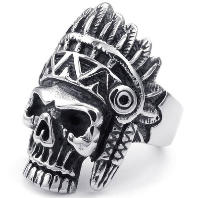 

Hpolw Mens Stainless Steel Ring, Gothic Indian Native Americans Skull, Black Silver