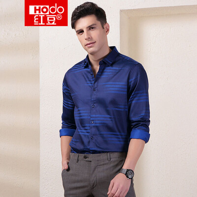 

Red Bean Hodo Mens Long Sleeve Shirt Mens Casual Business Square Collar Long Sleeve Shirt Jacquard Fabric R2 Red 17592A