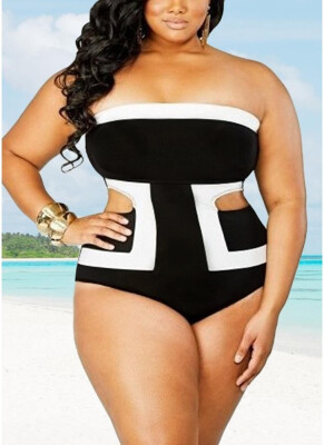 

2018 Plus Size Color Splice Cut Out Swimwear One-Piece Bikini