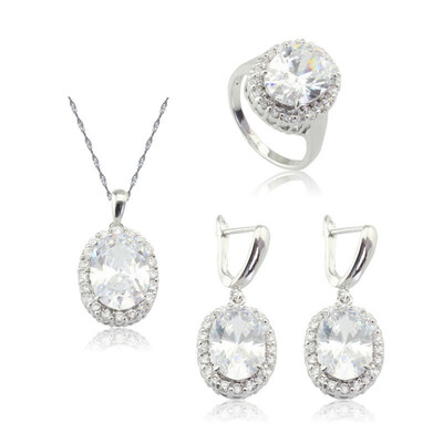 

Oval White Stone Silver Plated Jewelry Sets for Women Necklace Dangle Earrings Ring Six Colors Available Free Jewelry Box
